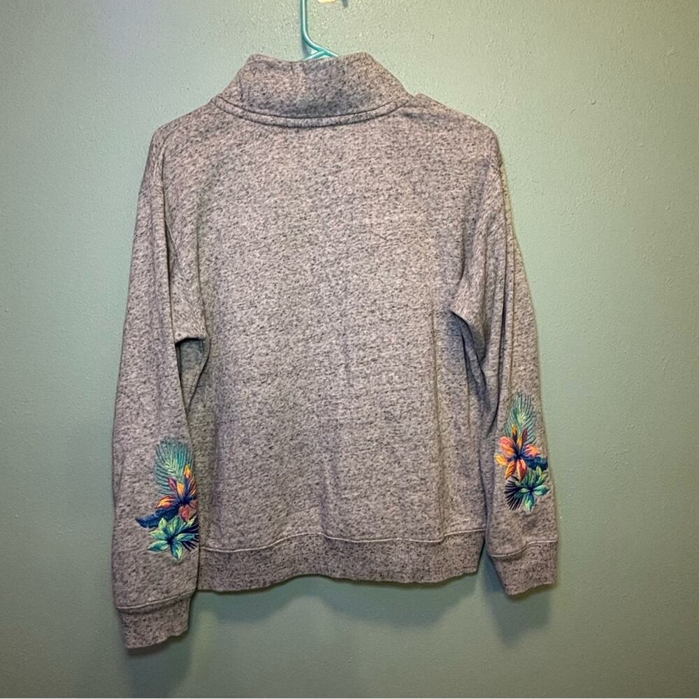 PINK Gray Quarter Zip Pullover with Tropical Embroidered Sleeve Detail – Size XS - Picture 7 of 9